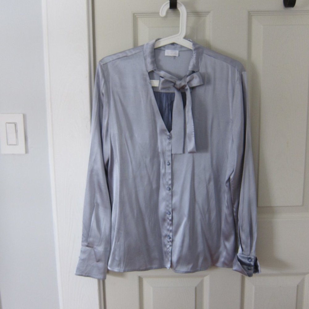 ecru Light Blue Satin Shirt Blouse Bow Tie S New